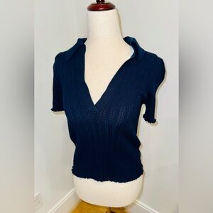 Boden Deep Blue Knit Top with Johnny Collar
